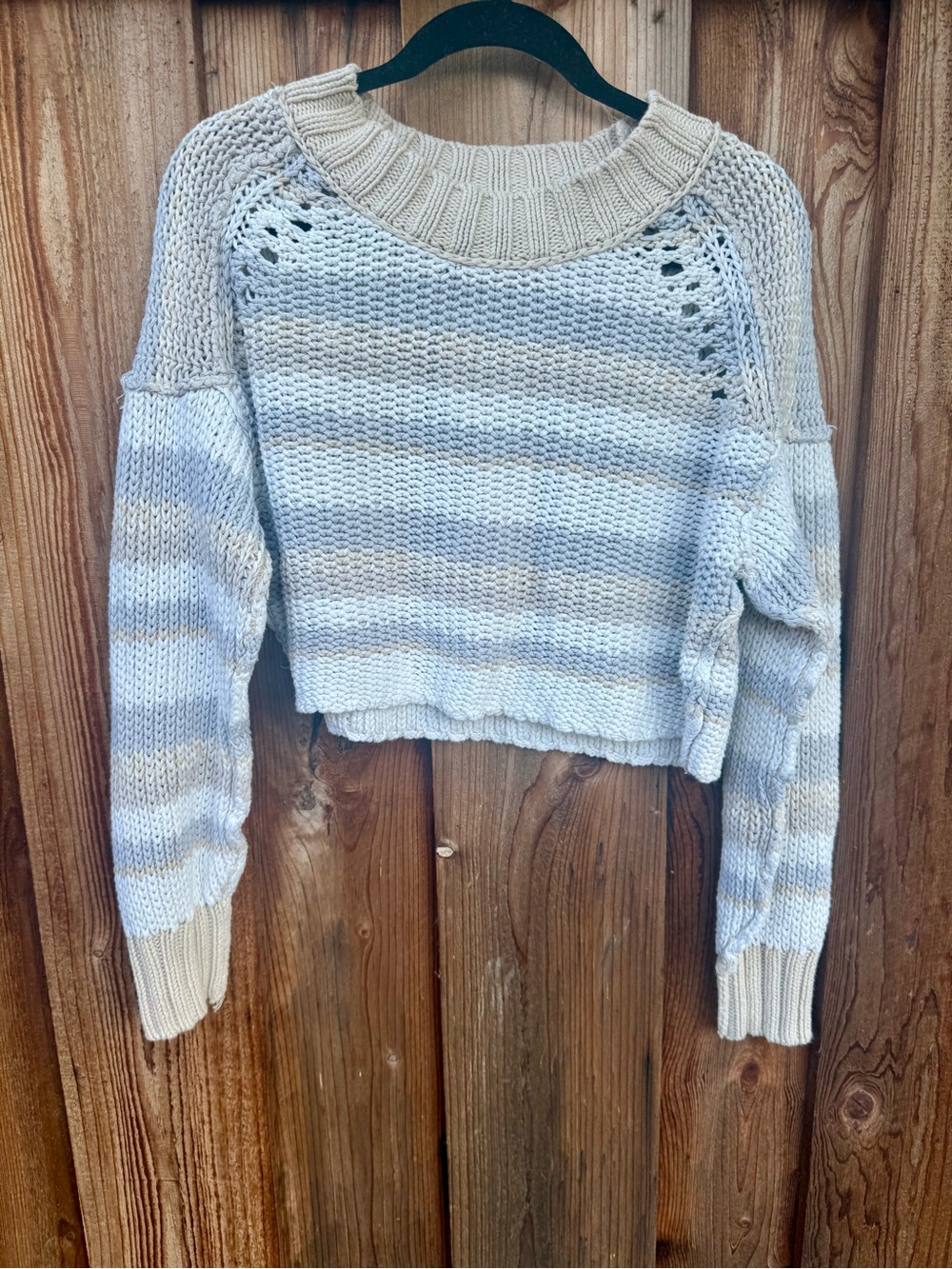 Free People Striped Cropped Crewneck Sweater - Cream & Light Gray